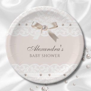 Roze Regency Pearl Satijn Bow Lace Baby shower Papieren Bordje