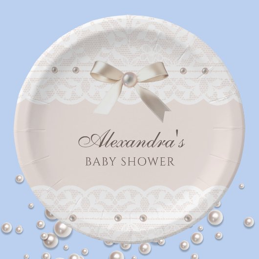 Roze Regency Pearl Satijn Bow Lace Baby shower Papieren Bordje