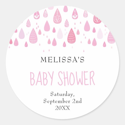 Roze regendruppels baby shower ronde sticker (Voorkant)