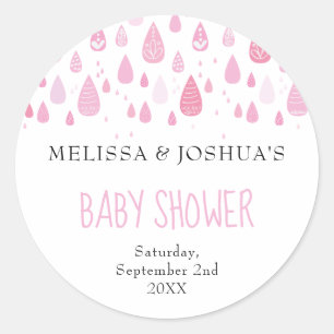 Roze regendruppels voor koppels baby shower ronde sticker
