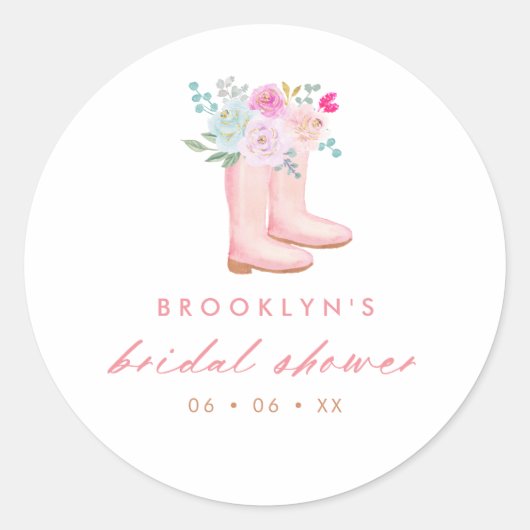 Roze regenlaarzen en bloemen bruiloftsfeest cadeau ronde sticker (Voorkant)