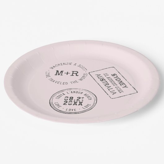 Roze reisthema Paspoortstempel Aangepast huwelijk Papieren Bordje (Gekanteld)