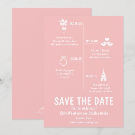 Roze relatie tijdlijn trouwdatum save the date kaart (Voorkant / Achterkant)
