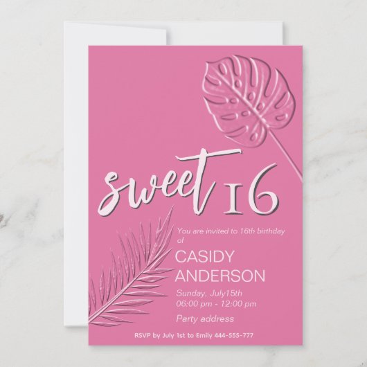 Roze reliëf tropische bladeren zomer zoet 16 kaart (Voorkant)