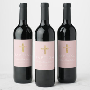 Roze Religieus Kruis Meisje Doop Wijn Etiket
