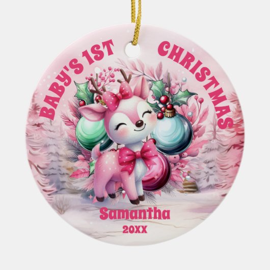 Roze rendier Baby 1e kerst Foto Ornament (Voorkant)