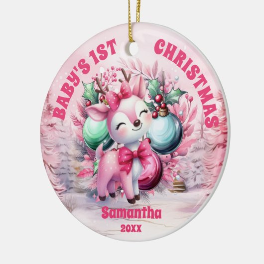 Roze rendier Baby 1e kerst Foto Ornament (Links)