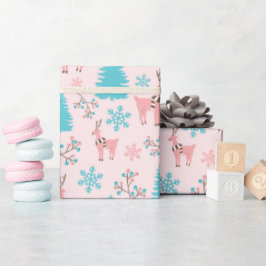 Roze Rendier Blauwe Pijnboom & Berry Branch Cadeaupapier