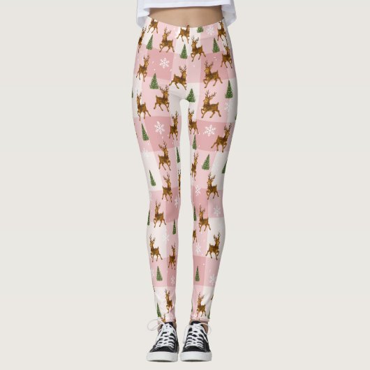 Roze rendier en boom kerstvakantie leggings (Voorkant)