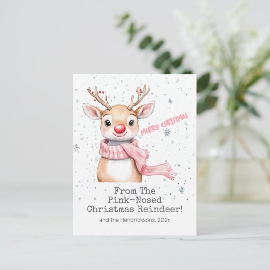 Roze rendier kerst Briefkaart (Staand voorkant)