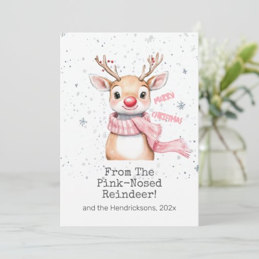 Roze Rendier Kerst Feestdagenkaart (Staand voorkant)