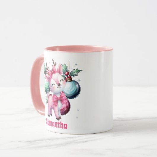 Roze rendier kerst Kinder warme chocolademelk Mok (Voorkant links)