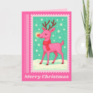 Roze Rendier Kerst Postzegel Feestdagen Kaart