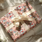 Roze rendier kerstdorp cadeaupapier