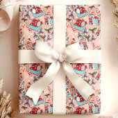 Roze rendier kerstdorp cadeaupapier
