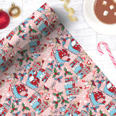 Roze rendier kerstdorp cadeaupapier