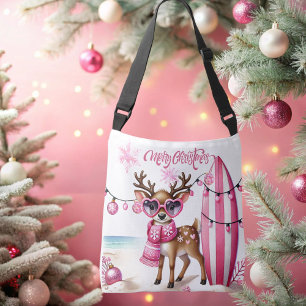 Roze rendier met zonnebril Kerst Canvas tas