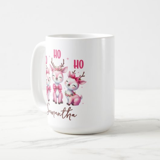 Roze rendier mok, Ho ho ho mok, Aangepaste naam mo Koffiemok (Voorkant links)