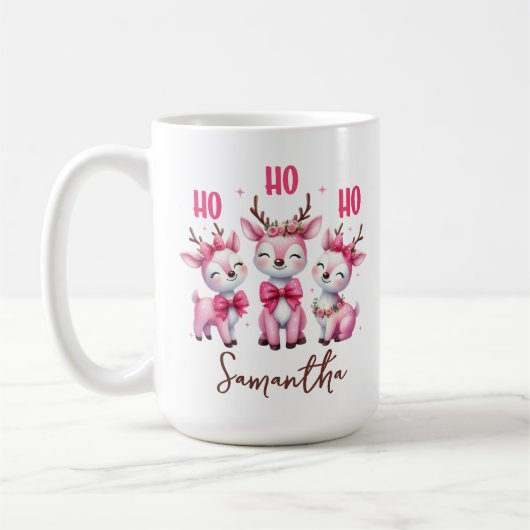 Roze rendier mok, Ho ho ho mok, Aangepaste naam mo Koffiemok (Links)