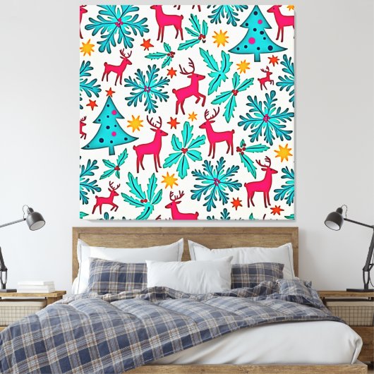 Roze Rendier Teal Boom Patroon Ontwerp Canvas Afdruk (Insitu (Slaapkamer))