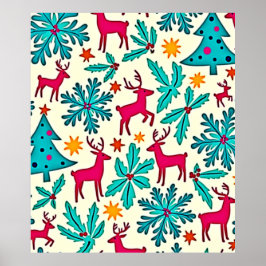 Roze Rendier Turquoise Boom Patroon Ontwerp Poster