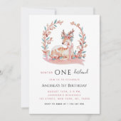 Roze Rendier Winter Onederland Meisje 1e verjaarda Kaart (Voorkant)