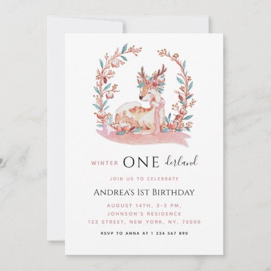 Roze Rendier Winter Onederland Meisje 1e verjaarda Kaart (Voorkant)