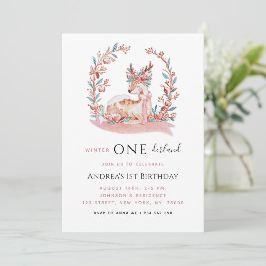 Roze Rendier Winter Onederland Meisje 1e verjaarda Kaart (Staand voorkant)