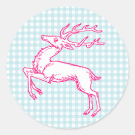 Roze rendierblauw Gingham Ronde Sticker