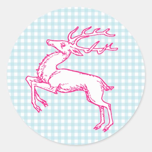 Roze rendierblauw Gingham Ronde Sticker (Voorkant)