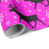 Roze Rendieren en Sneeuwvlokken Patroon Cadeaupapier (Rol Hoek)