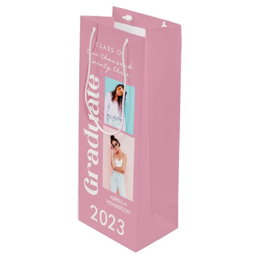 Roze Rero Afstuderen Gift Wijn Cadeautas (Voorkant Gekanteld)