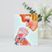 Roze  Retro 1930's meisje Drink Milkshake Briefkaart (Staand voorkant)
