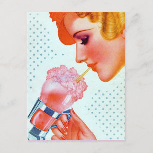 Roze  Retro 1930's meisje Drink Milkshake Briefkaart