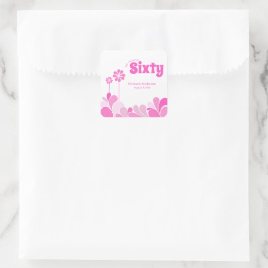 Roze Retro 60e Verjaardagsfeestje Vierkante Sticker (Tas)