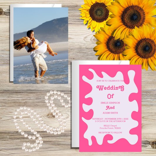 roze retro  70s bruiloft kaart