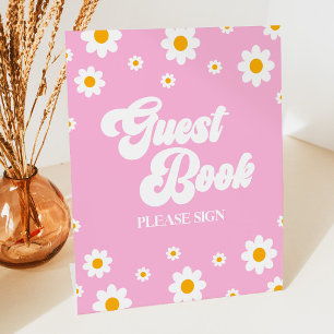 Roze Retro 70's Daisy Flower Gast Boek Party Sign Reclamebord Met Voetstuk