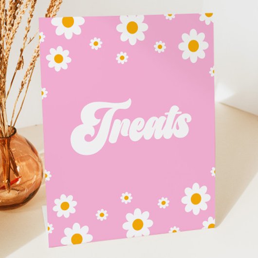 Roze Retro 70's Daisy Flower Treats Feestbord Reclamebord Met Voetstuk