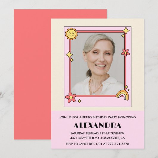 Roze Retro 70s Groovy Foto 82e verjaardag Kaart (Voorkant / Achterkant)
