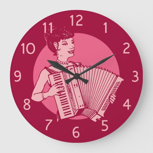 Roze Retro Accordion Lady Grote Klok (Voorkant)