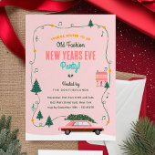 Roze Retro Auto Ouderwetse Oud en Nieuw Feestje Kaart