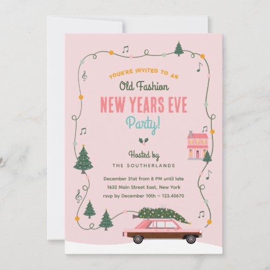 Roze Retro Auto Ouderwetse Oud en Nieuw Feestje Kaart (Voorkant)