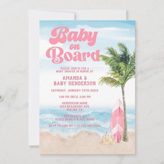 Roze Retro Baby aan boord Baby shower Surf Kaart (Voorkant)