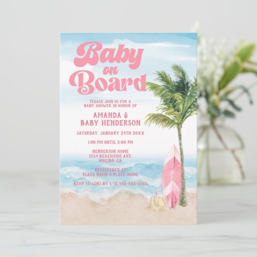 Roze Retro Baby aan boord Baby shower Surf Kaart (Staand voorkant)