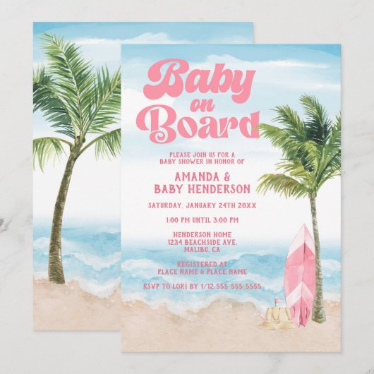 Roze Retro Baby aan boord Baby shower Surf Kaart (Voorkant / Achterkant)