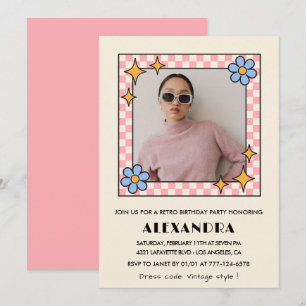 Roze Retro Bloem Foto 39e verjaardagsuitnodiging Kaart