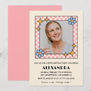 Roze Retro Bloem Foto 44e verjaardagsuitnodiging Kaart