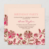 Roze Retro Bloem Ontwerp Verjaardag Uitnodiging (Voorkant / Achterkant)