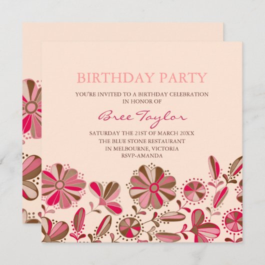 Roze Retro Bloem Ontwerp Verjaardag Uitnodiging (Voorkant / Achterkant)