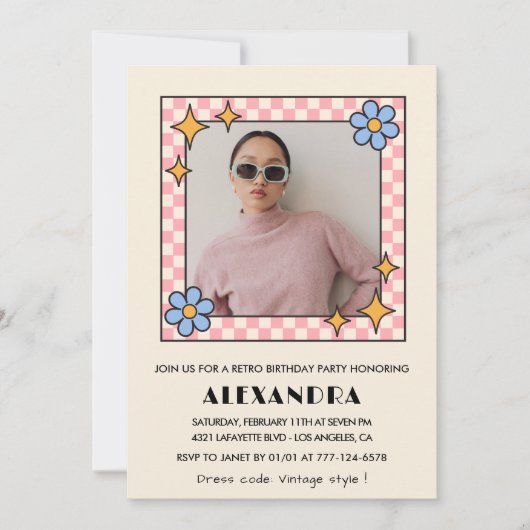 Roze Retro Bloemen Foto 39ste verjaardag uitnodigi Kaart (Voorkant)